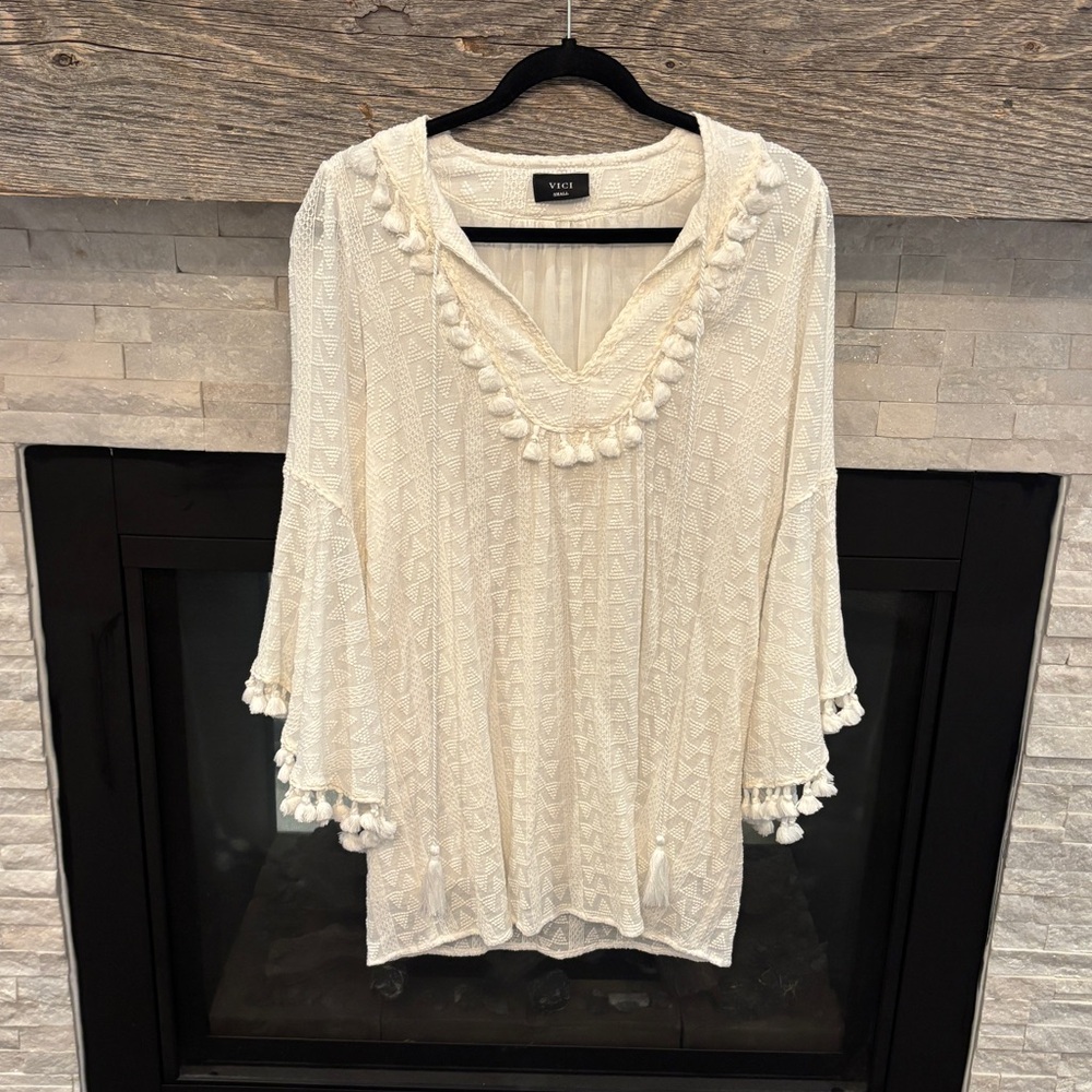 NWOT- White Boho embroidered Tassel Dress - Picture 2 of 5
